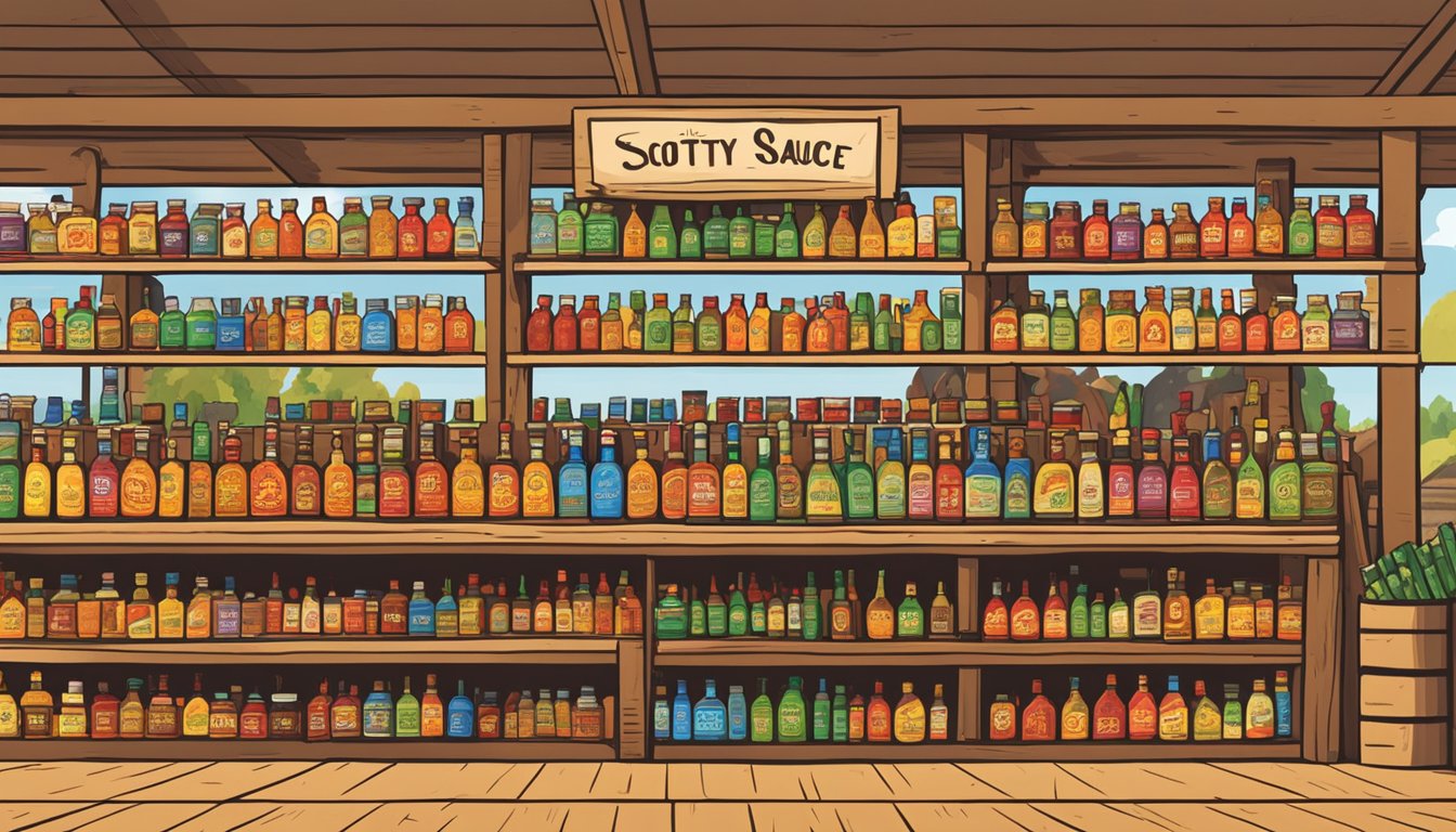 A bustling farmer's market stall with rows of colorful bottles of Scotty O'Hotty hot sauce displayed on wooden shelves. Customers sample and purchase the fiery condiment