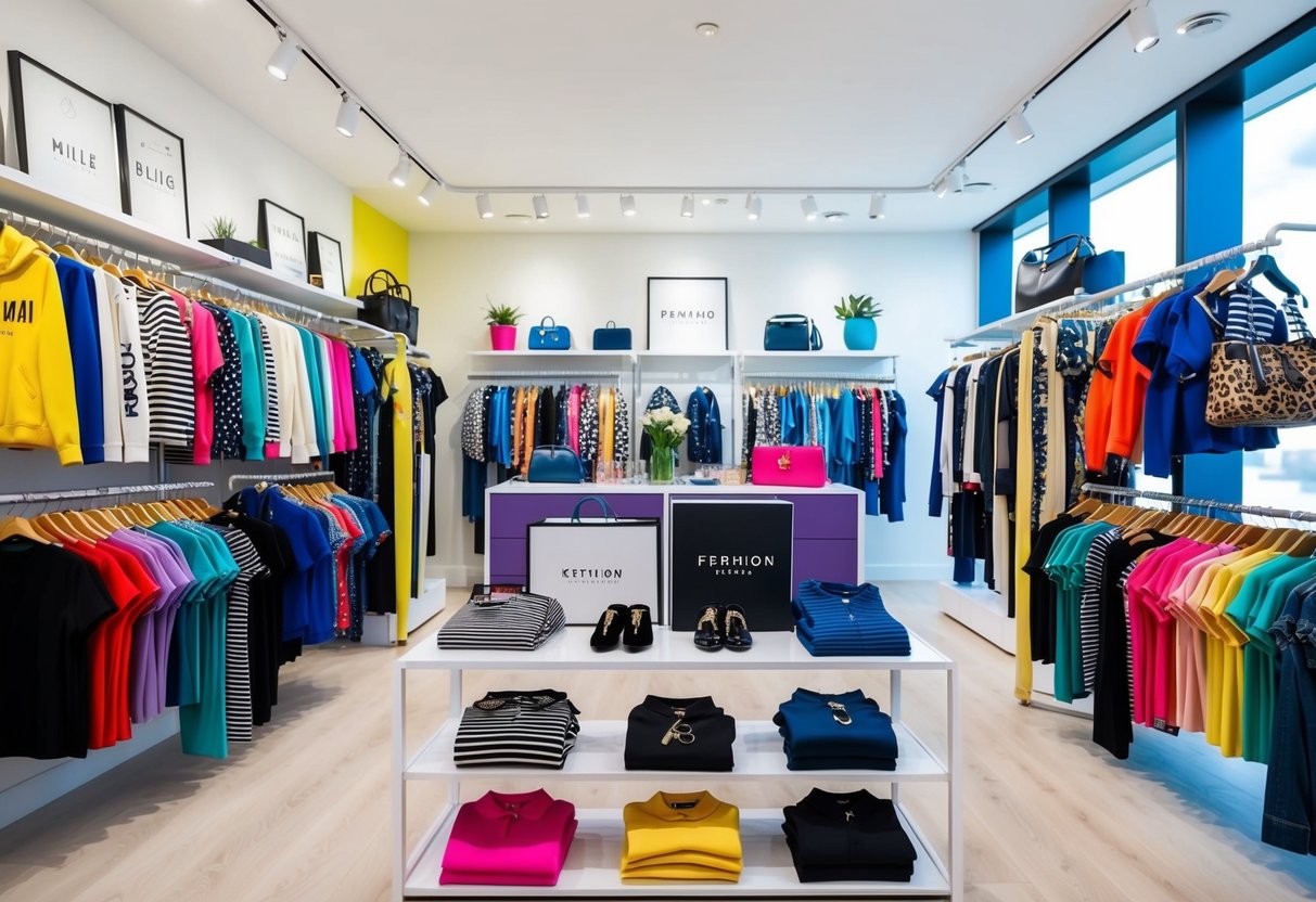 A colorful display of trendy clothing and accessories from affordable fashion brands arranged on shelves and racks in a bright and modern boutique setting