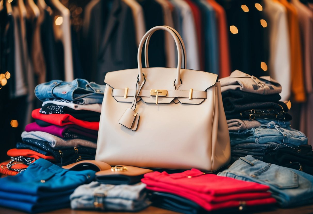 A luxurious handbag surrounded by a pile of trendy, mass-produced clothing items