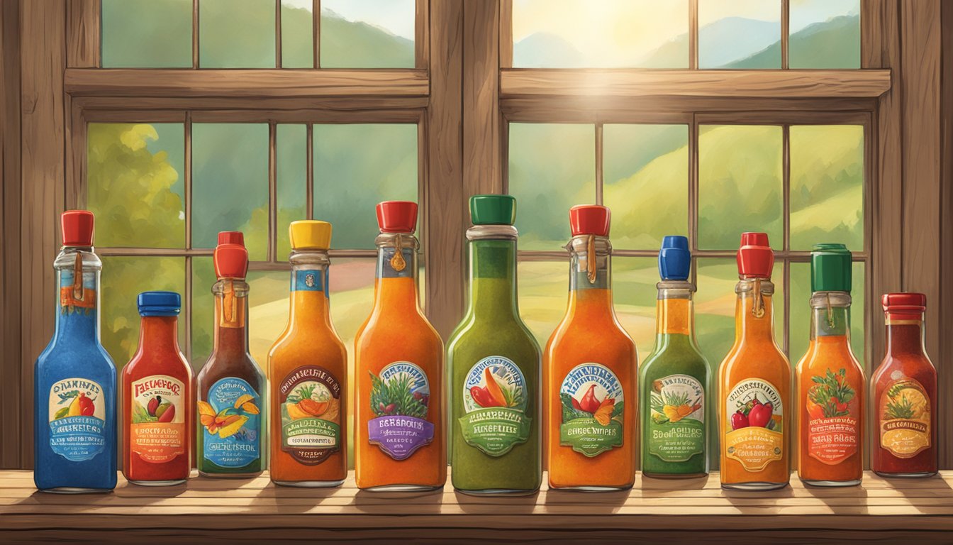 A rustic wooden table displays a variety of colorful hot sauce bottles, with the Butterfly Bakery of Vermont logo prominent on each label. Sunlight streams through a nearby window, casting a warm glow over the scene