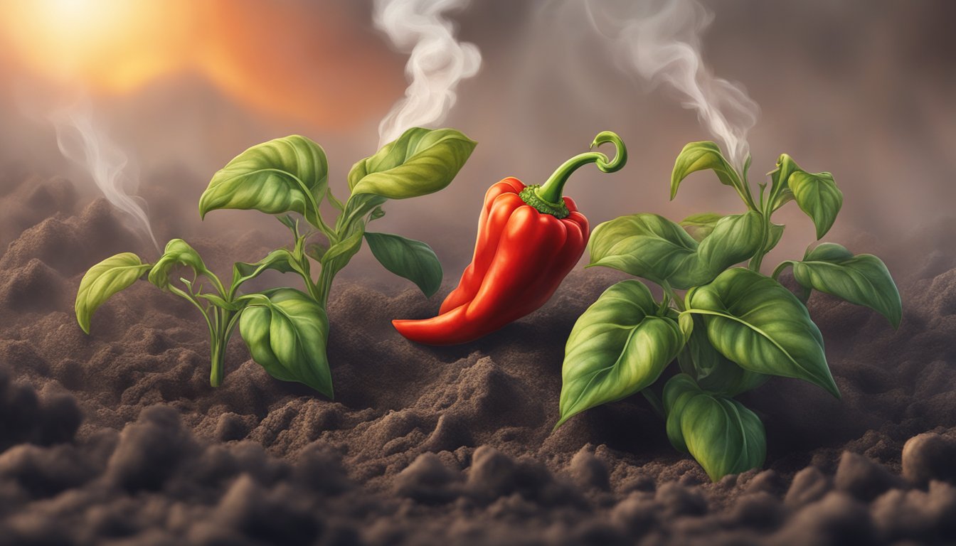 A fiery red pepper plant grows from a cracked earth, surrounded by smoldering embers and billowing smoke