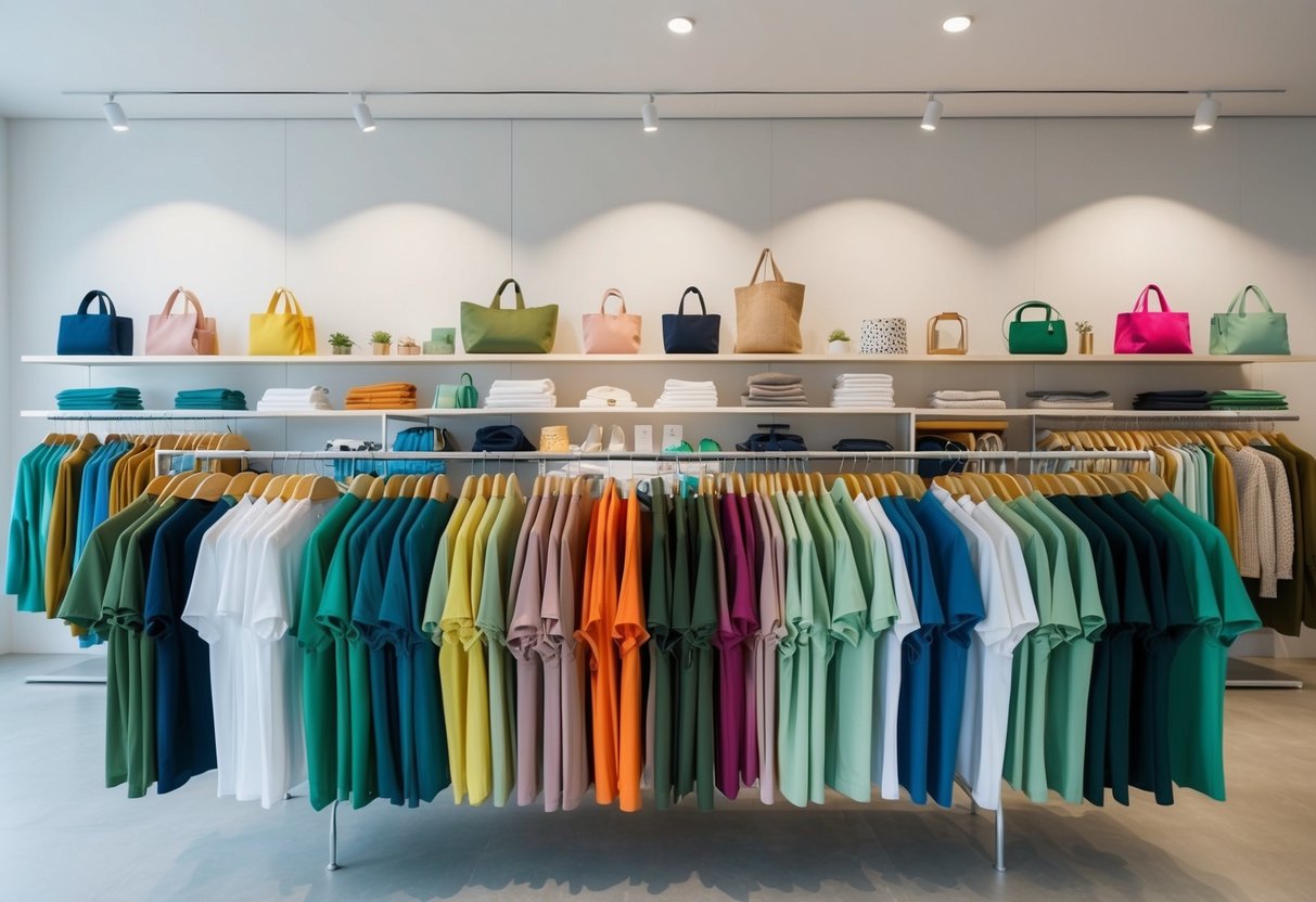 A colorful array of eco-friendly clothing and accessories displayed on racks and shelves in a modern, minimalist store