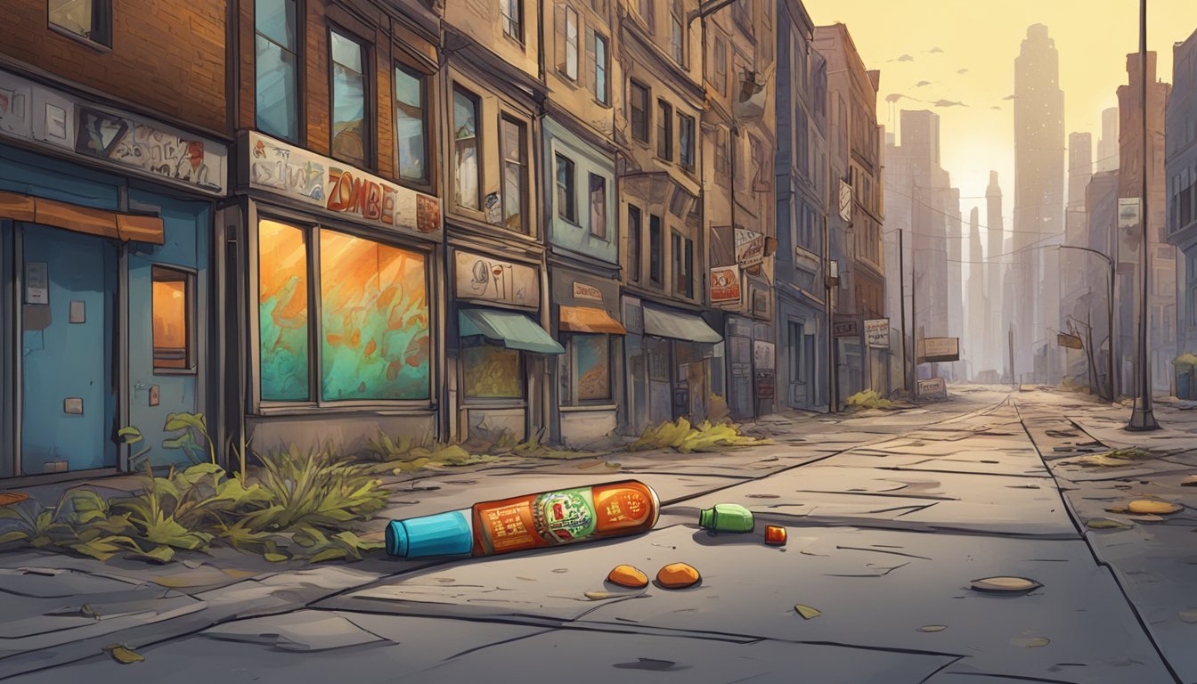 A deserted city street with broken windows and graffiti, a lone bottle of "Zombie Apocalypse" hot sauce on the ground