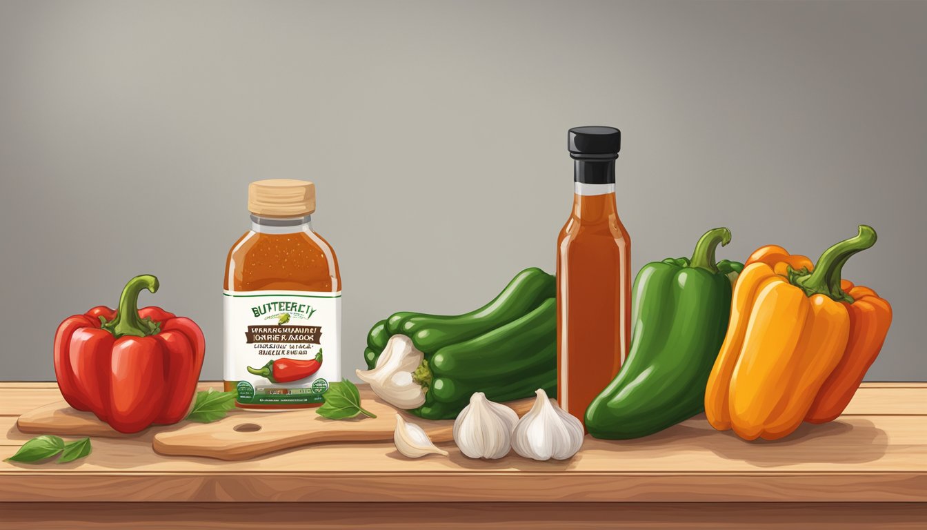 A wooden cutting board holds fresh peppers, garlic, and vinegar next to a bottle of Butterfly Bakery of Vermont hot sauce