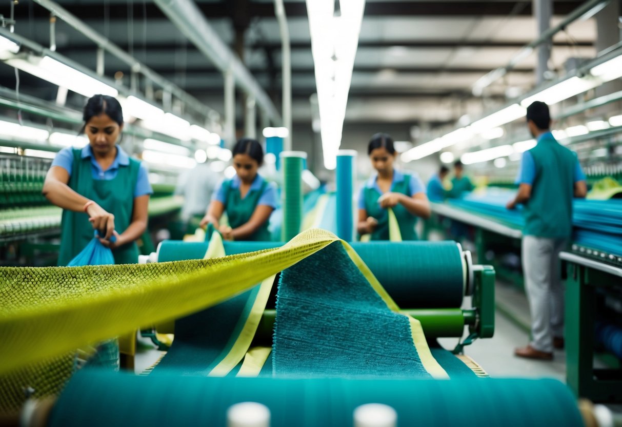 A bustling textile factory with workers producing eco-friendly fabrics using innovative technology and sustainable practices