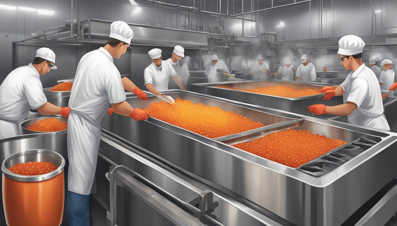 A large stainless steel vat bubbling with red hot sauce, surrounded by workers in hairnets and gloves