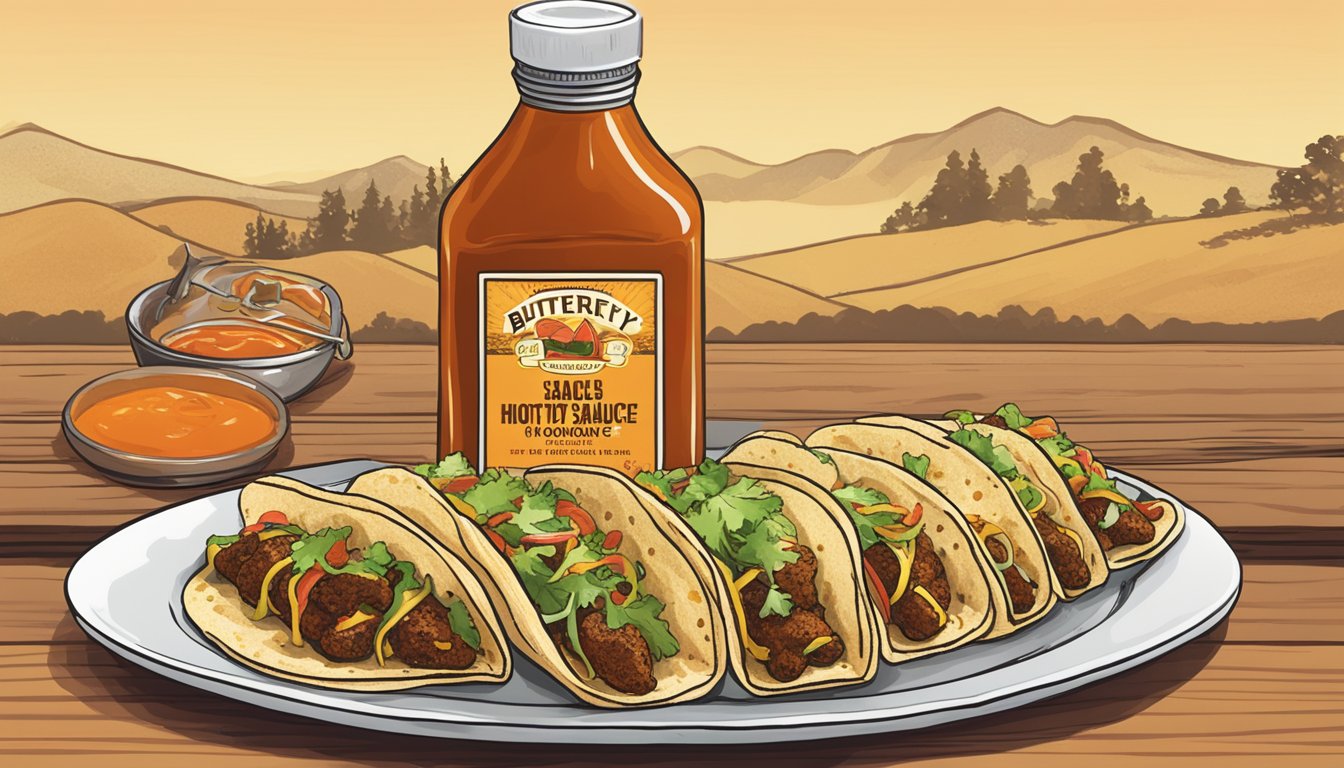 A bottle of Butterfly Bakery of Vermont hot sauce placed next to a plate of tacos, with a small dollop of sauce on the side