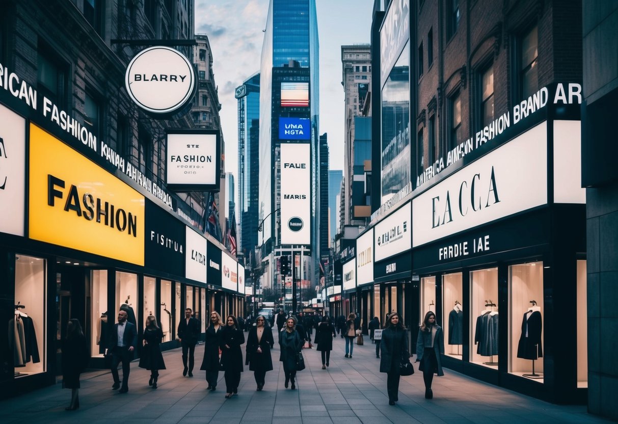 A bustling city street with iconic American fashion brand logos adorning storefronts and billboards, showcasing the cultural impact and legacy of these influential labels