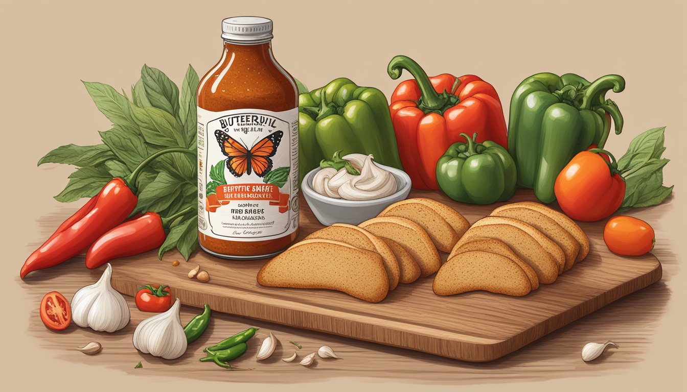 A bottle of Butterfly Bakery of Vermont hot sauce surrounded by fresh ingredients like peppers, garlic, and tomatoes on a wooden cutting board