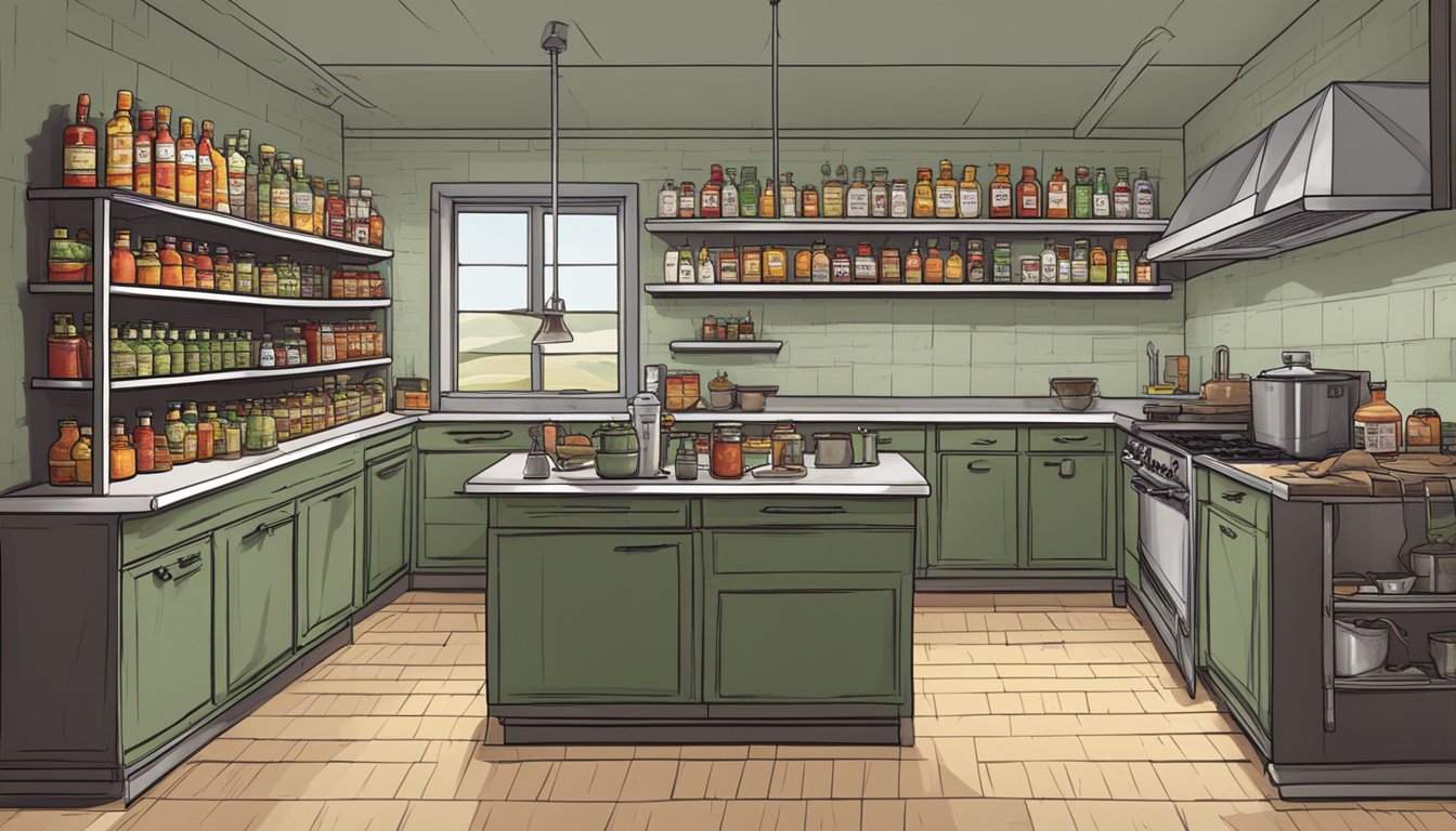 A deserted kitchen with shelves stocked with hot sauce bottles, some of which are labeled "Zombie Apocalypse" with nutritional information