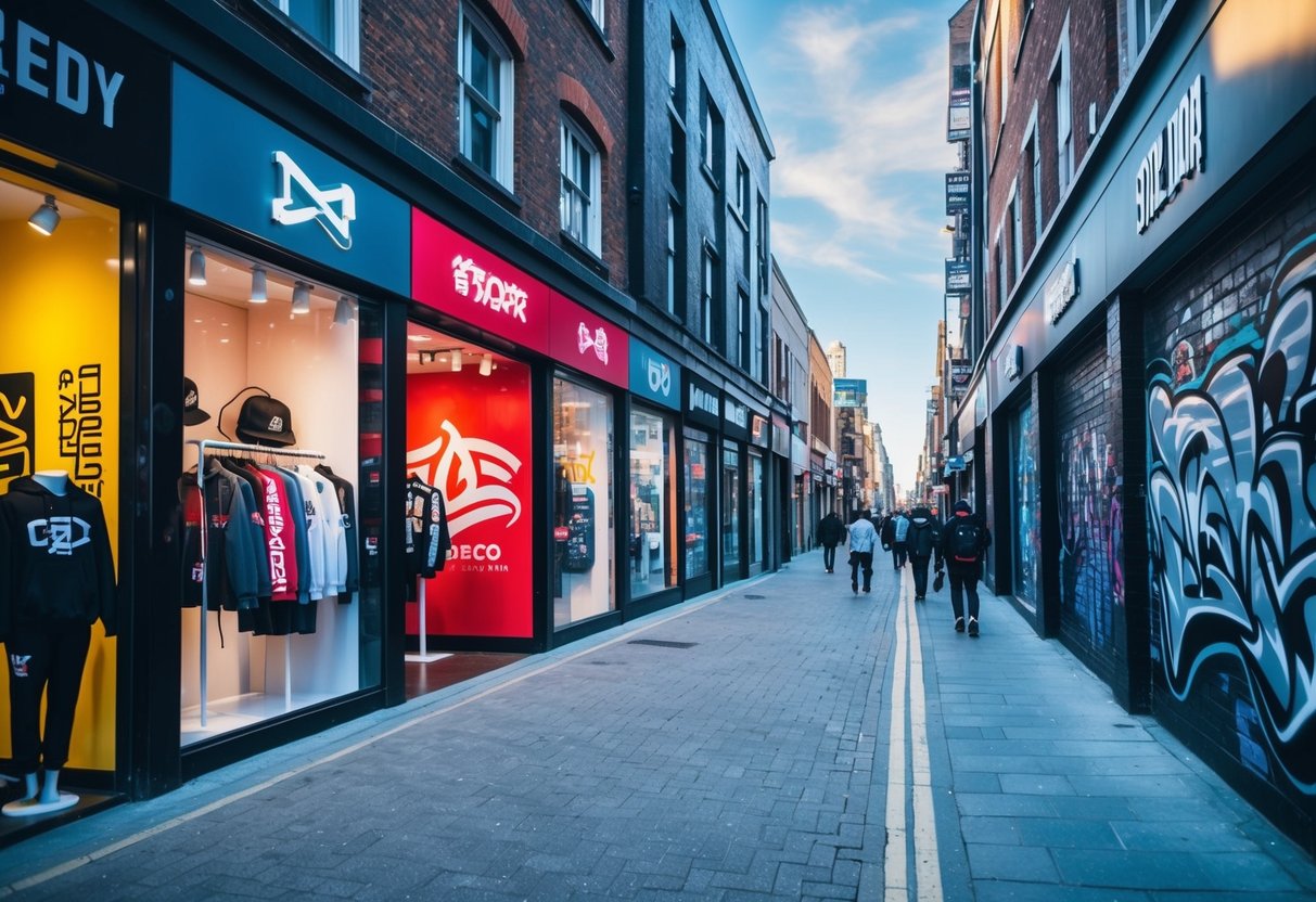 A bustling urban street lined with trendy storefronts and graffiti-covered walls, showcasing the logos and designs of popular streetwear brands