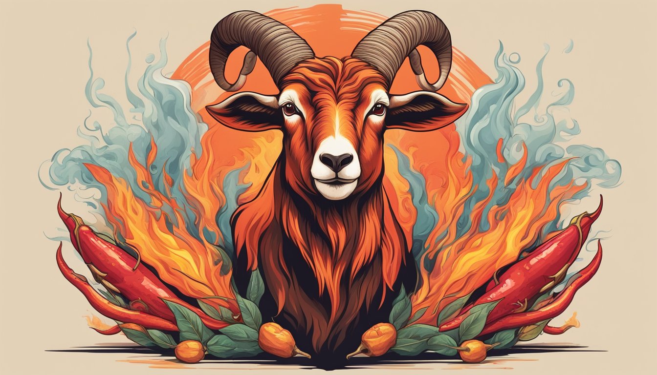 A fiery red goat with steam coming out of its ears, surrounded by hot peppers and flames