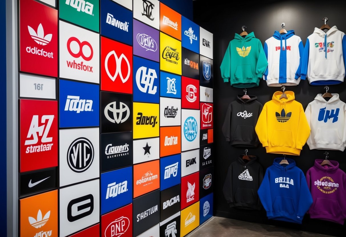 A colorful display of iconic streetwear logos and designs, showcasing the evolution of popular brands through the years