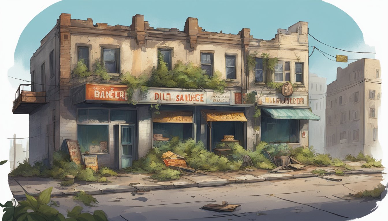 A deserted city street with dilapidated buildings, broken windows, and overgrown vegetation. A lone hot sauce bottle stands in the foreground, surrounded by debris and signs of decay