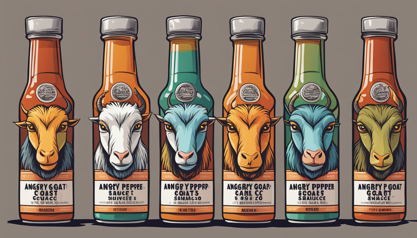 A row of angry goats, each with a different expression, lined up in front of bottles of Angry Goat Pepper Co. hot sauce