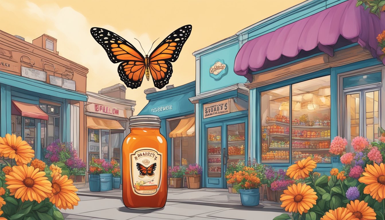 A butterfly perched on a jar of hot sauce, surrounded by colorful flowers and a bakery storefront in the background