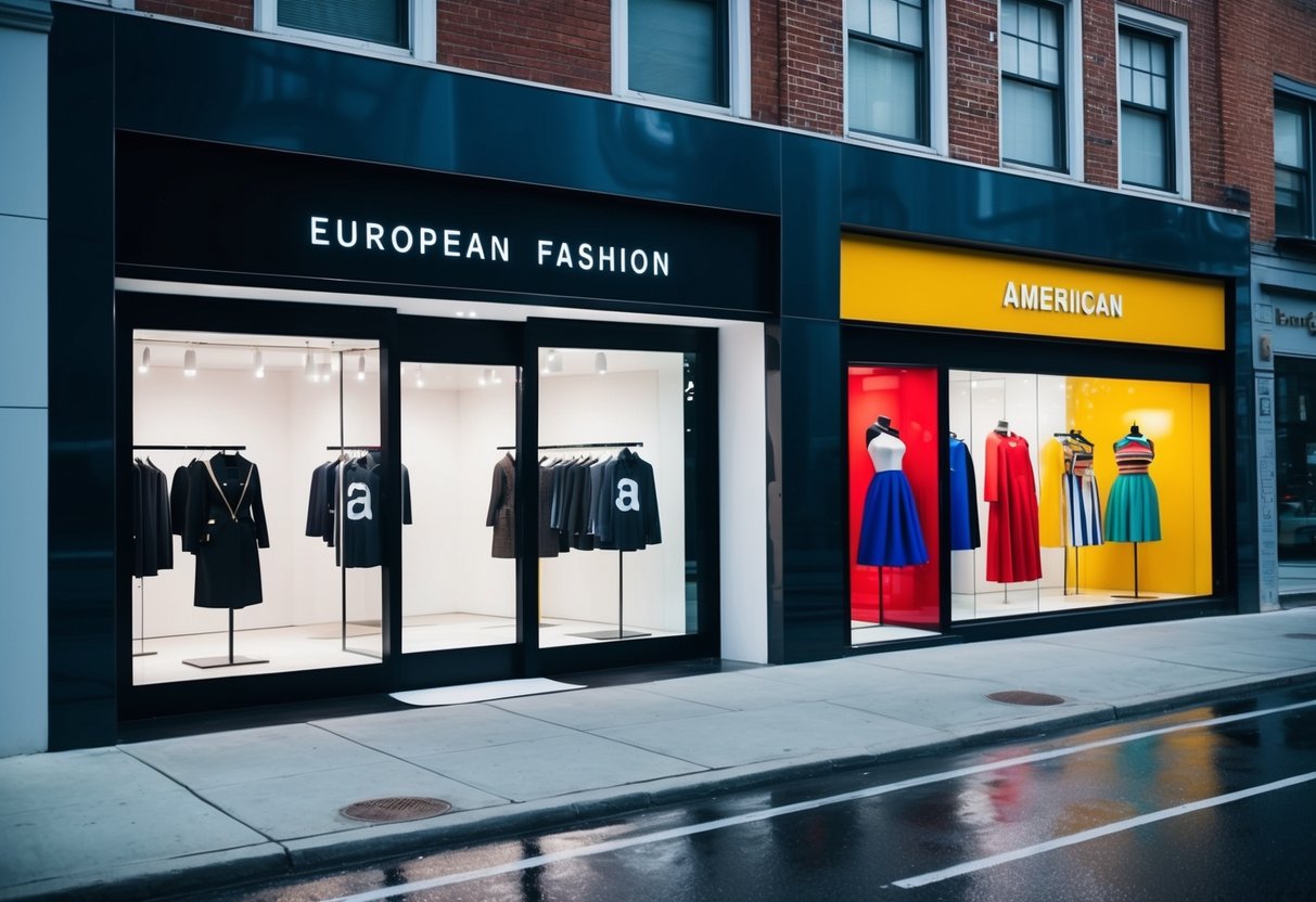 A storefront with sleek, modern design for European fashion brand, contrasting with a bold, colorful American fashion brand's storefront next door