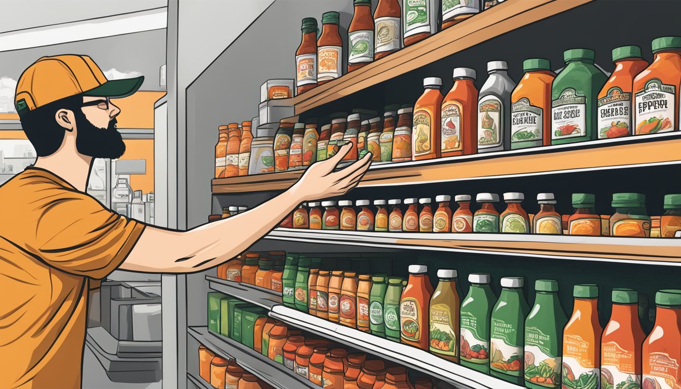 A hand reaching for a bottle of Angry Goat Pepper Co. hot sauce on a grocery store shelf