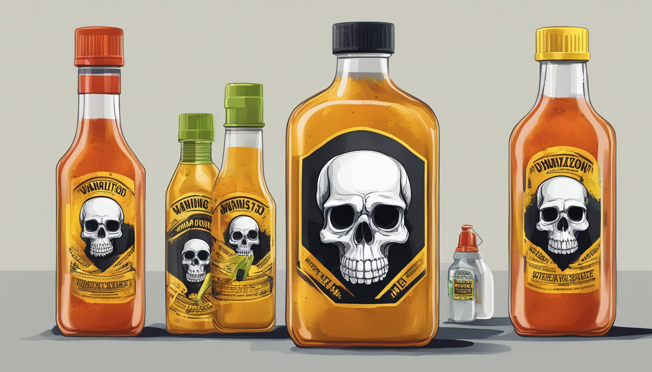 A skull-shaped bottle of Zombie Apocalypse hot sauce with warning labels and caution tape