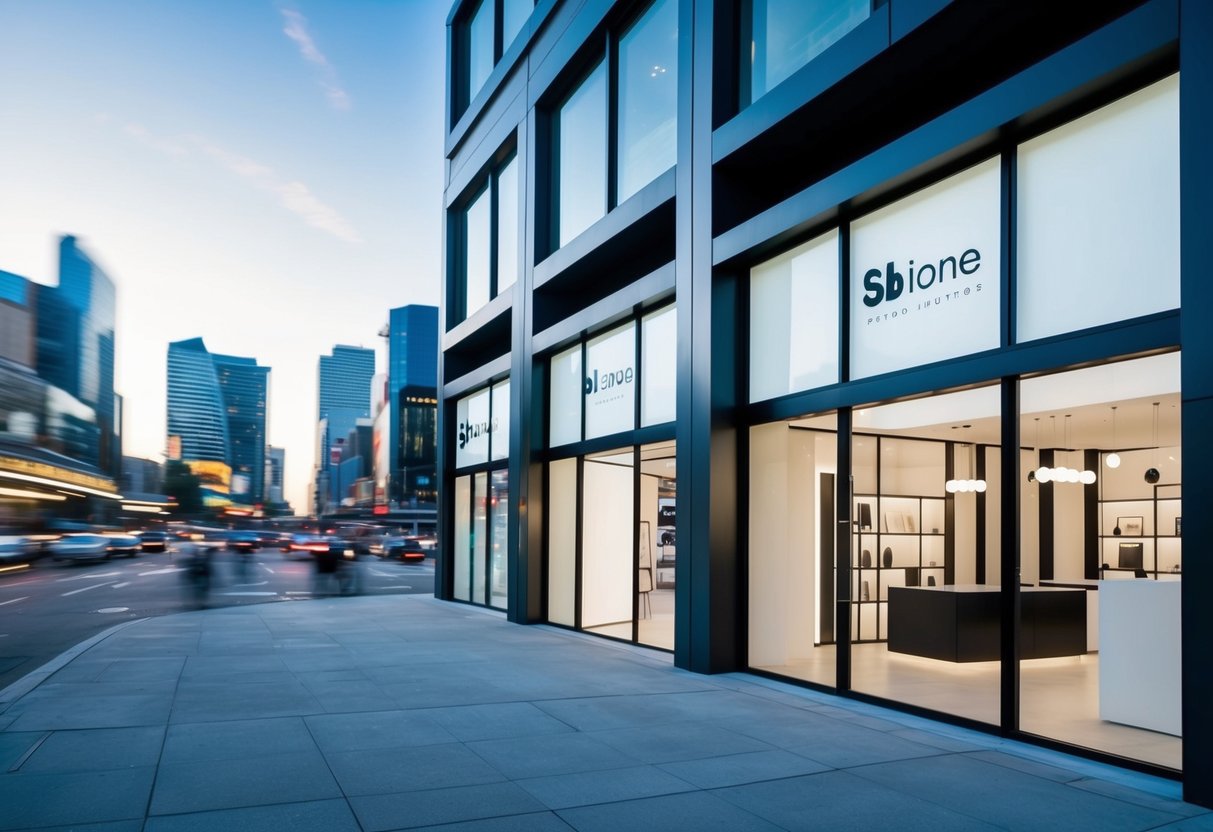 A group of modern, minimalist storefronts with sleek logos and clean lines, set against a backdrop of a bustling cityscape