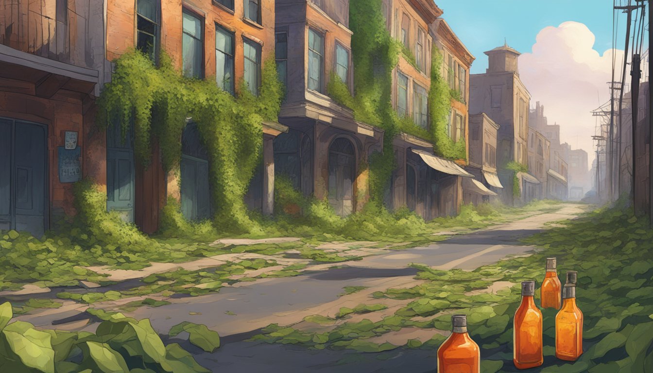 A deserted city street lined with abandoned hot sauce bottles, overgrown with vines and surrounded by decaying buildings