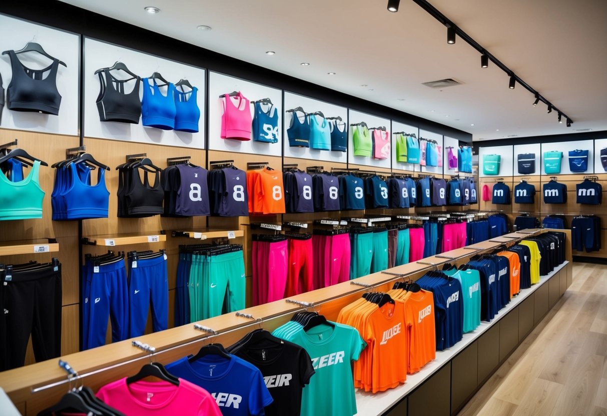 A colorful array of activewear brands displayed on shelves in a modern, well-lit store