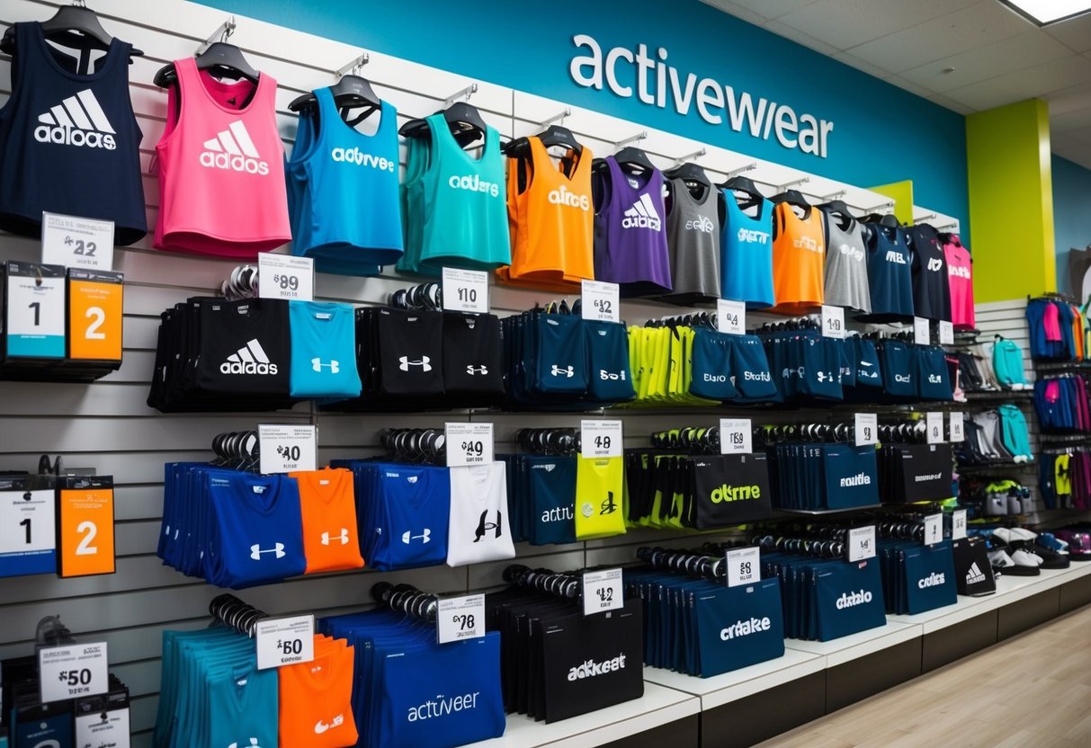 A colorful display of affordable activewear brands on shelves in a well-lit store. Various athletic clothing items are neatly organized and priced for budget-conscious shoppers