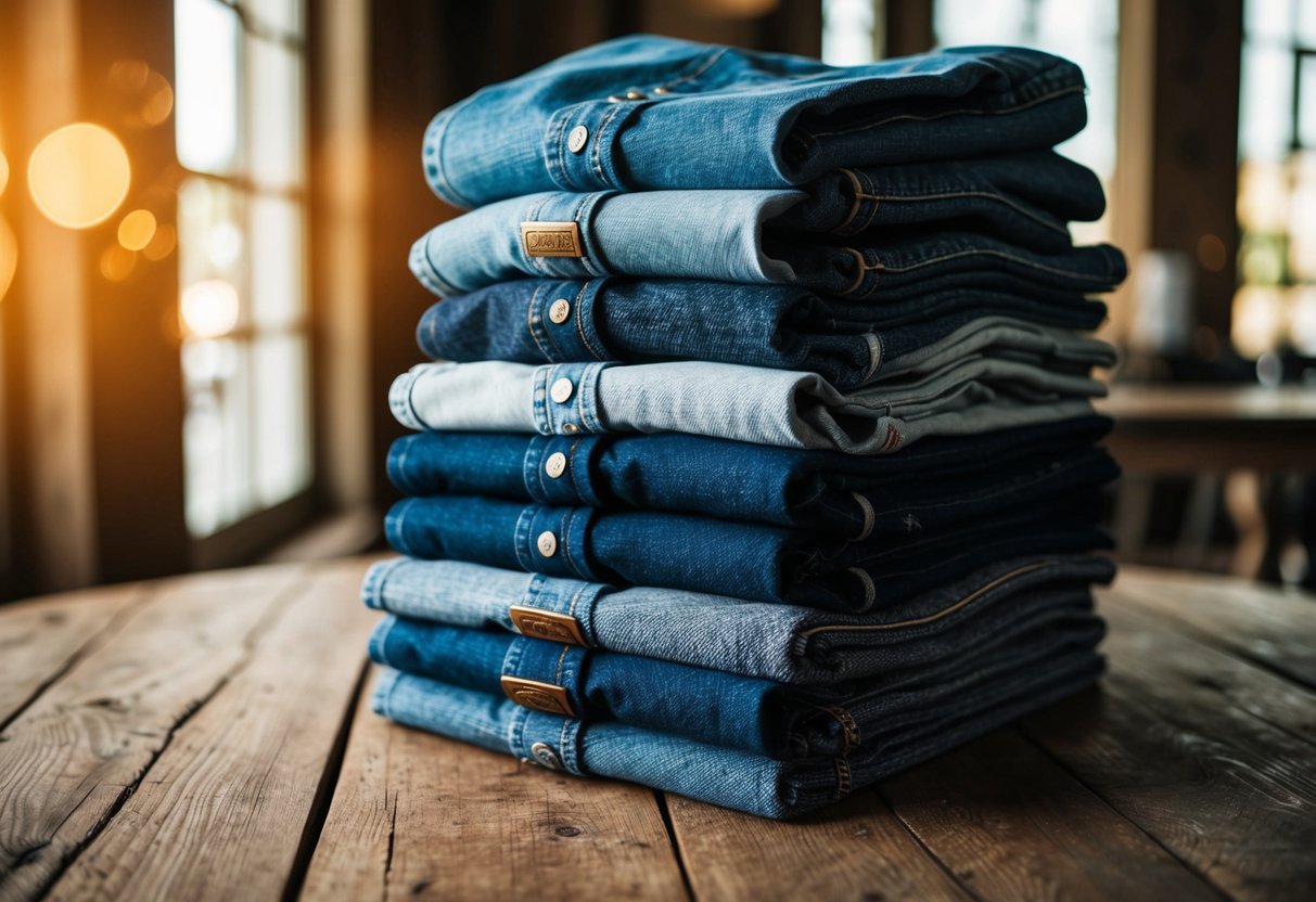 A stack of premium denim jeans from top brands displayed on a rustic wooden table