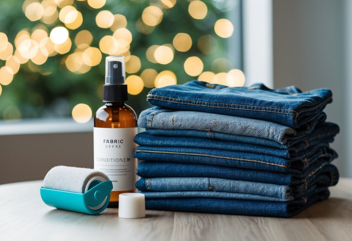 A neatly folded stack of high-quality denim jeans next to a bottle of fabric conditioner and a lint roller