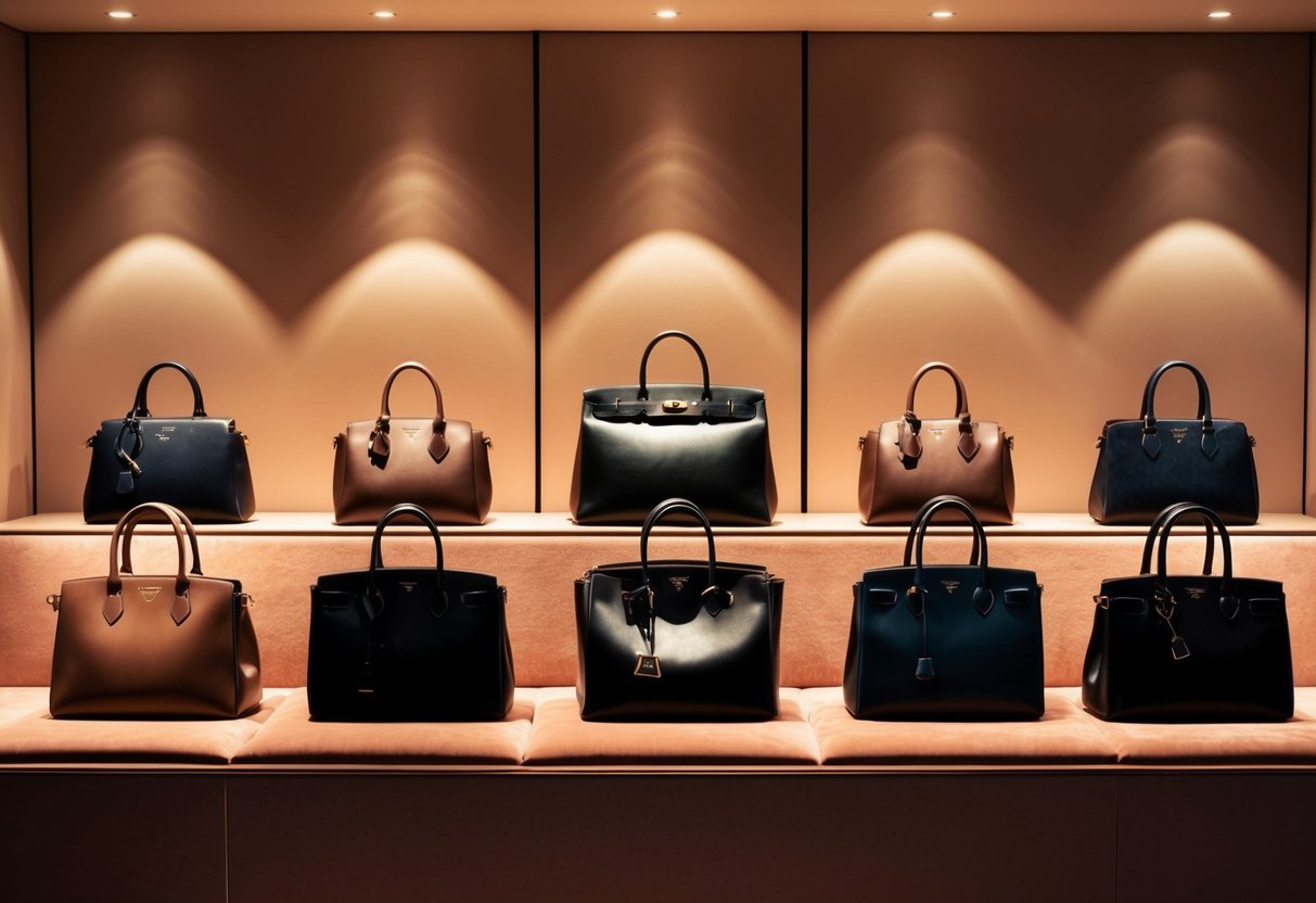 A display of classic luxury handbags arranged on a velvet-lined shelf, bathed in soft, warm light from above, casting elegant shadows