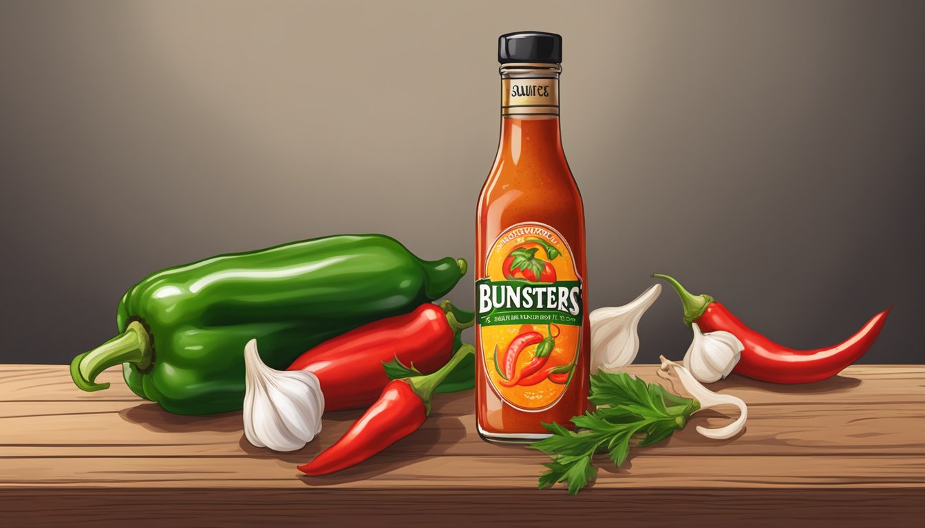 A bottle of Bunsters hot sauce surrounded by fresh chili peppers and garlic cloves on a rustic wooden table