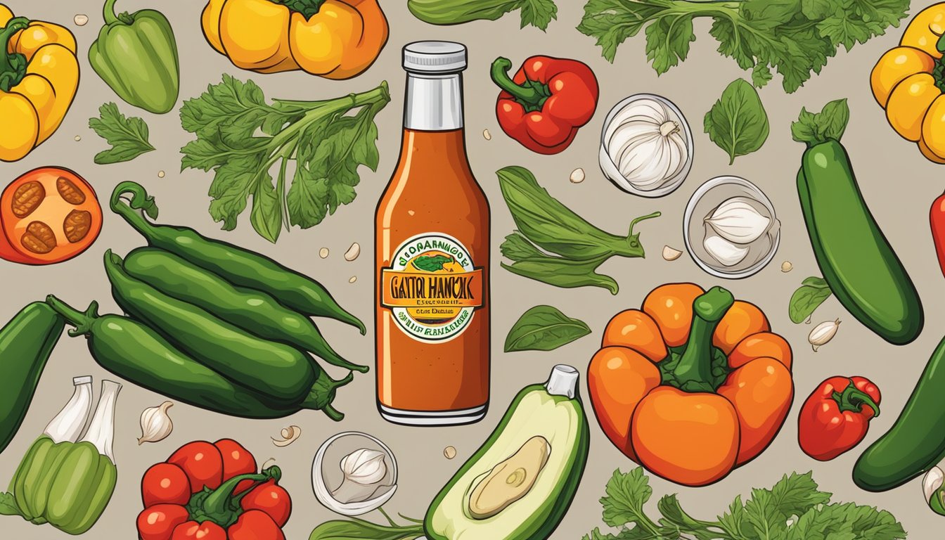 A bottle of Gator Hammock hot sauce surrounded by fresh ingredients like peppers, garlic, and vinegar