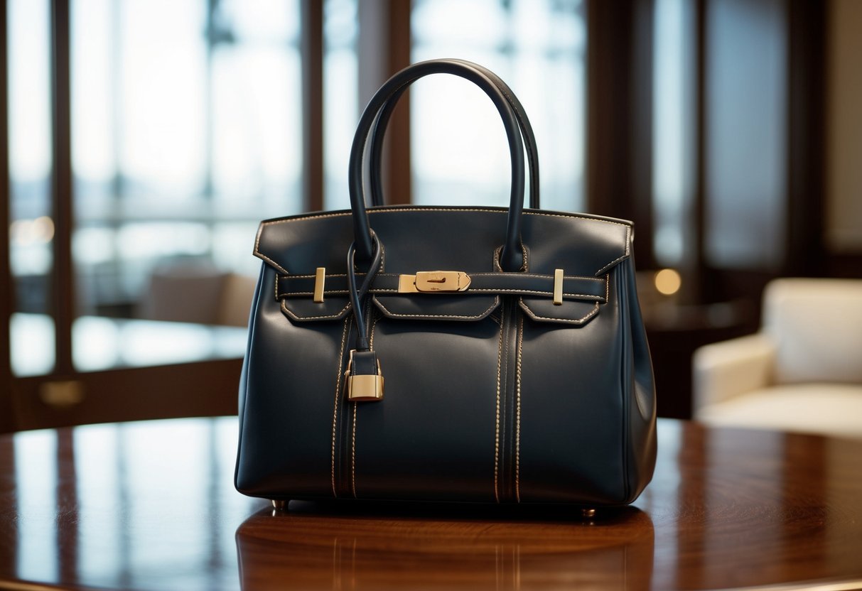 A sleek, leather handbag sits on a polished wooden table, adorned with intricate stitching and gold hardware, exuding timeless elegance