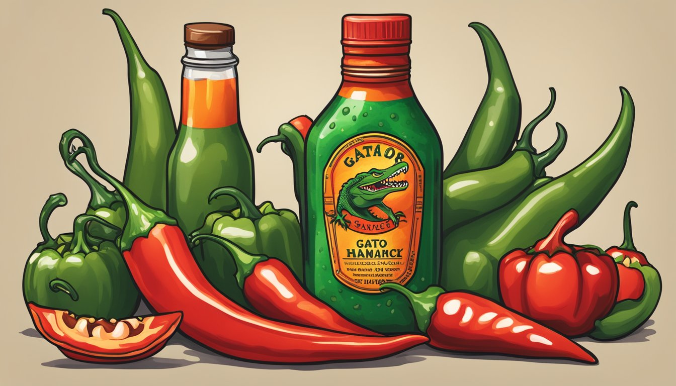 A bottle of Gator Hammock hot sauce surrounded by fiery red chili peppers and vibrant green jalapenos