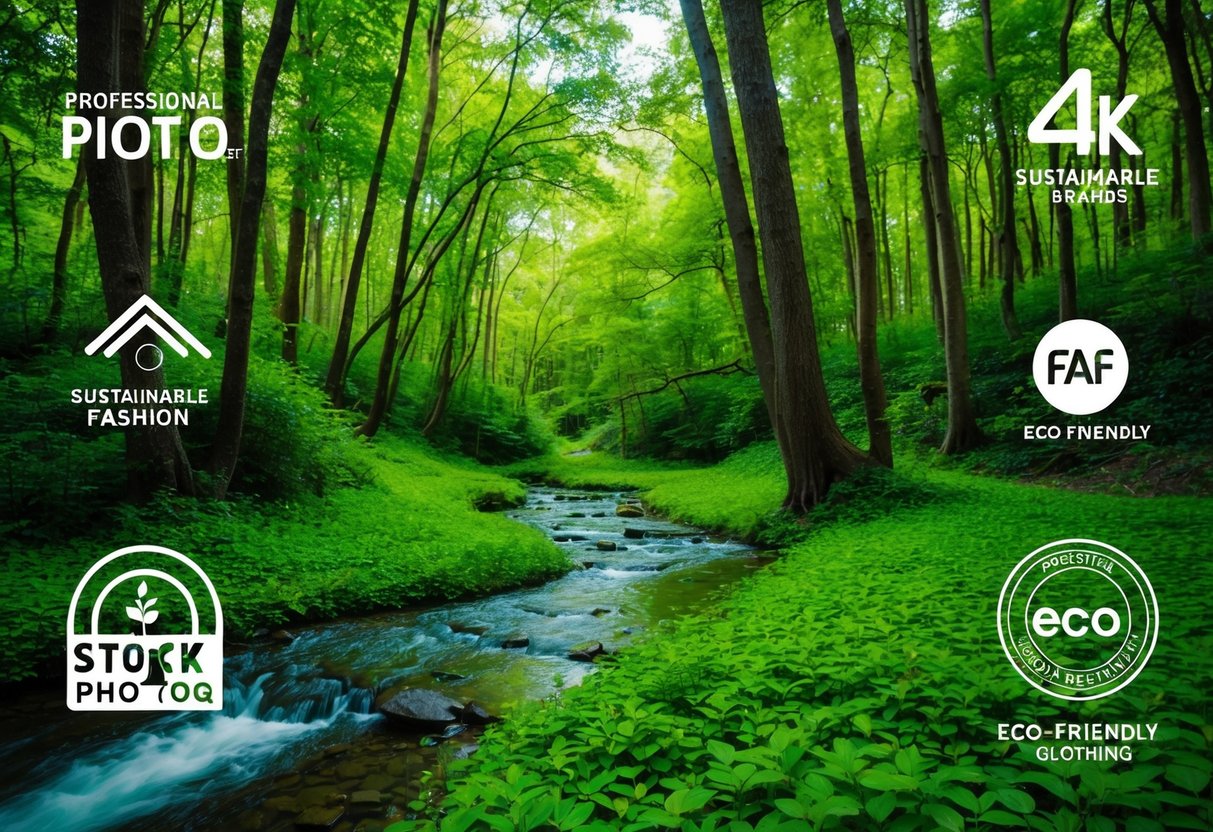 A lush green forest with a clear stream, surrounded by sustainable fashion brands' logos on eco-friendly clothing items