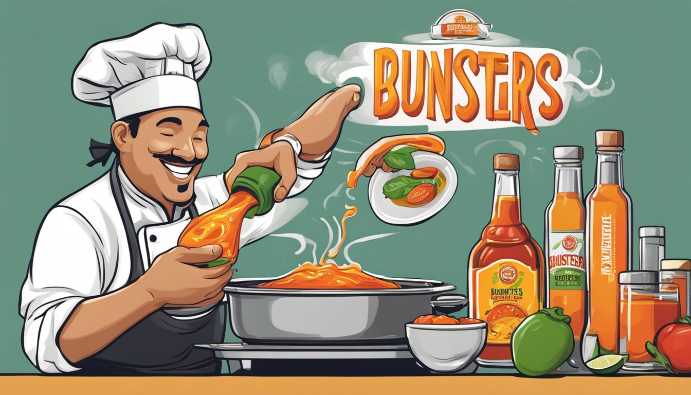 A chef pouring Bunsters hot sauce onto a sizzling dish