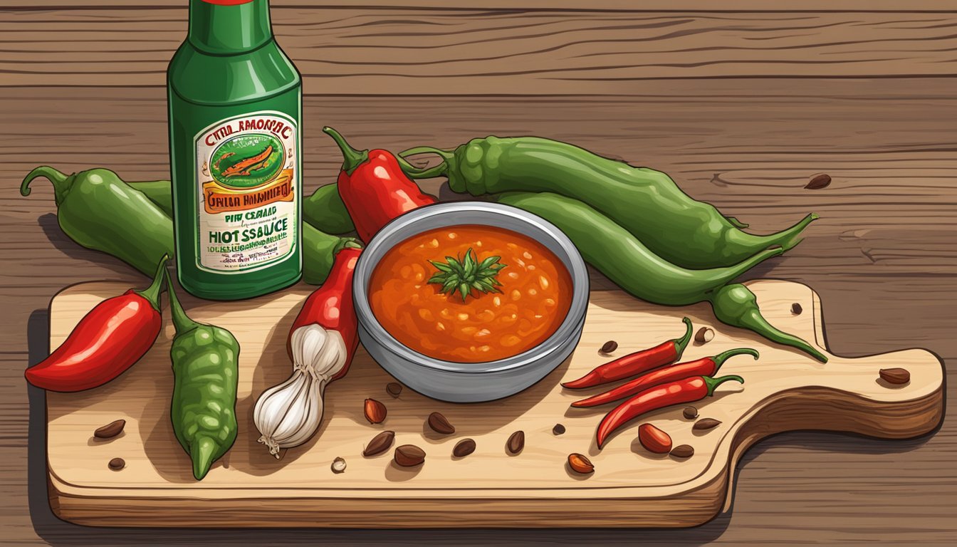 A bottle of Gator Hammock hot sauce surrounded by chili peppers and garlic cloves on a wooden cutting board