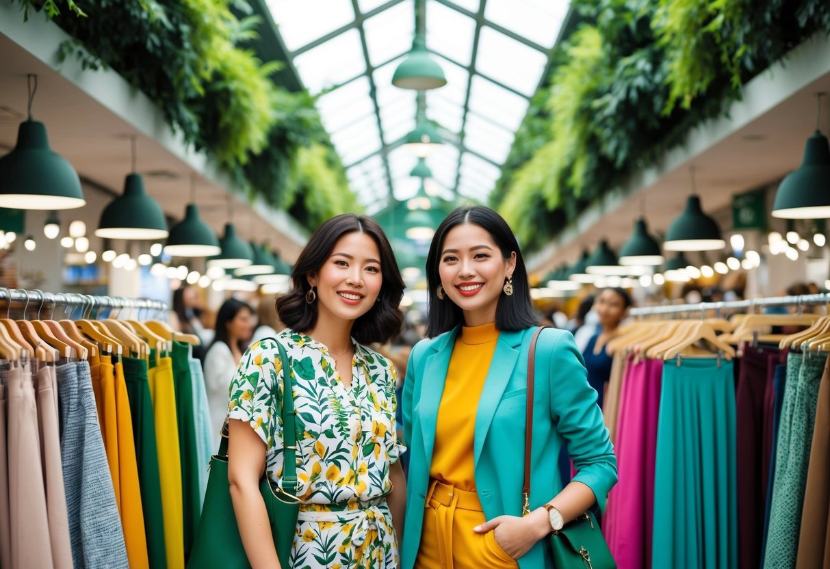 A bustling marketplace with colorful eco-friendly fashion brands, surrounded by lush greenery and sustainable materials