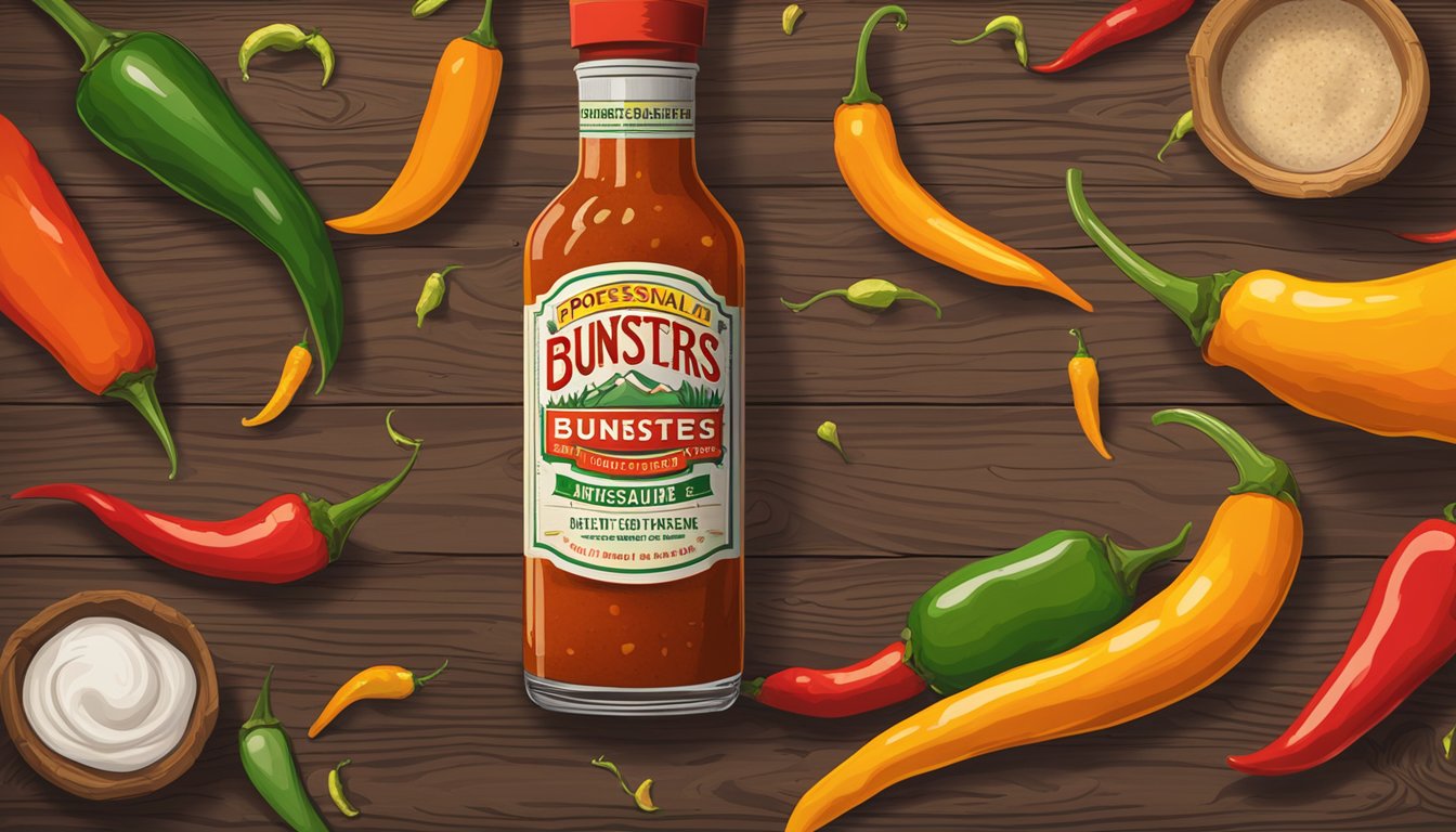 A bottle of Bunsters hot sauce sits on a wooden table, surrounded by vibrant chili peppers and a rustic, handcrafted label