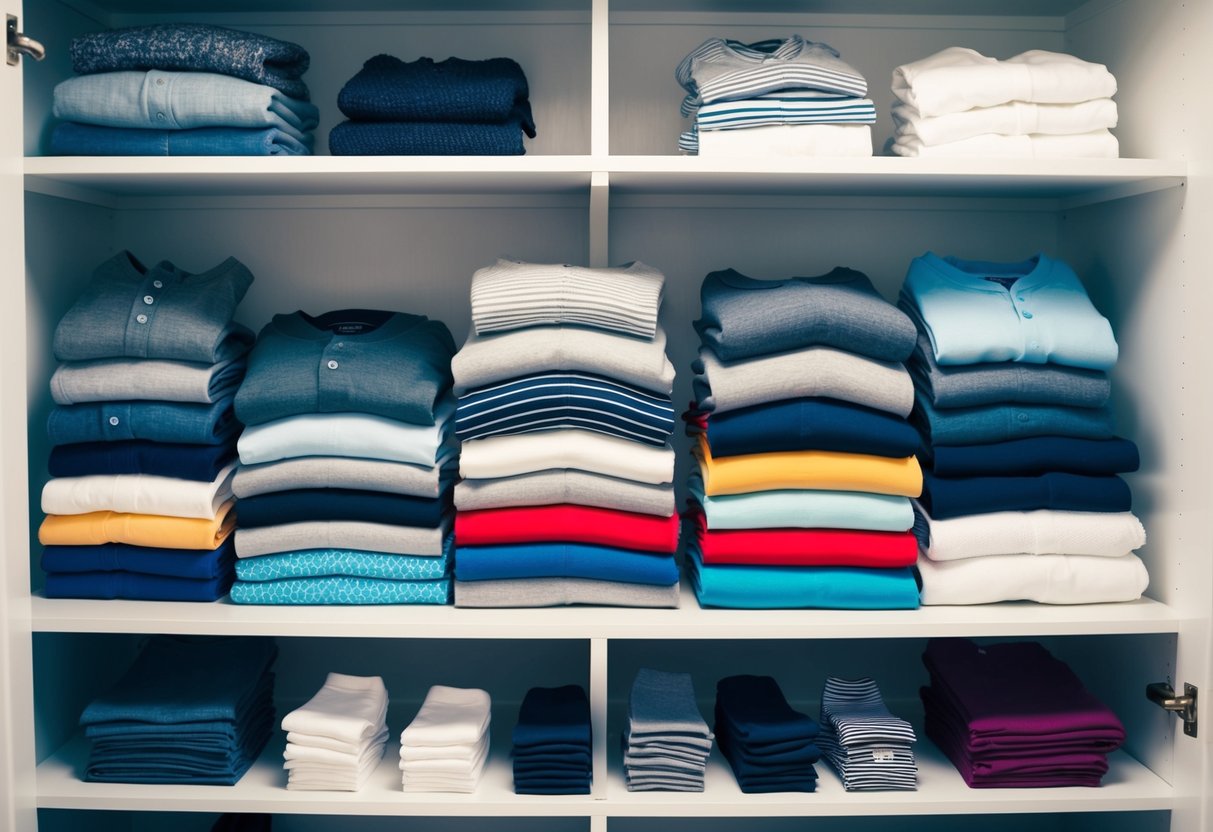 A neatly organized closet shelf with neatly folded t-shirts, socks, and underwear from various popular clothing brands