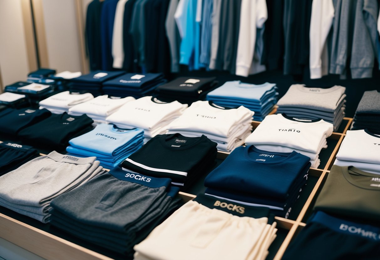 A neatly organized display of various clothing items, including t-shirts, socks, and underwear, from different well-known brands