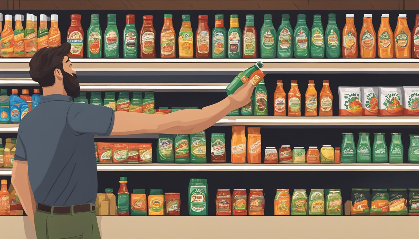 A hand reaching for a bottle of Gator Hammock hot sauce on a shelf in a grocery store