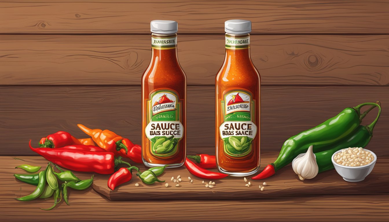 A bottle of Sauce Bae Hot Sauce surrounded by vibrant, fresh chili peppers and garlic cloves on a rustic wooden table