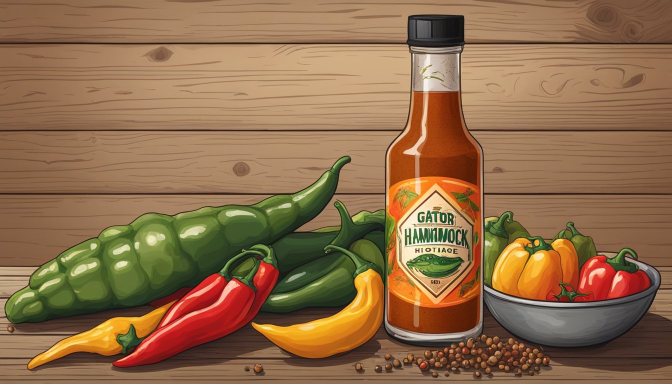 A bottle of Gator Hammock hot sauce surrounded by various peppers and spices on a rustic wooden table