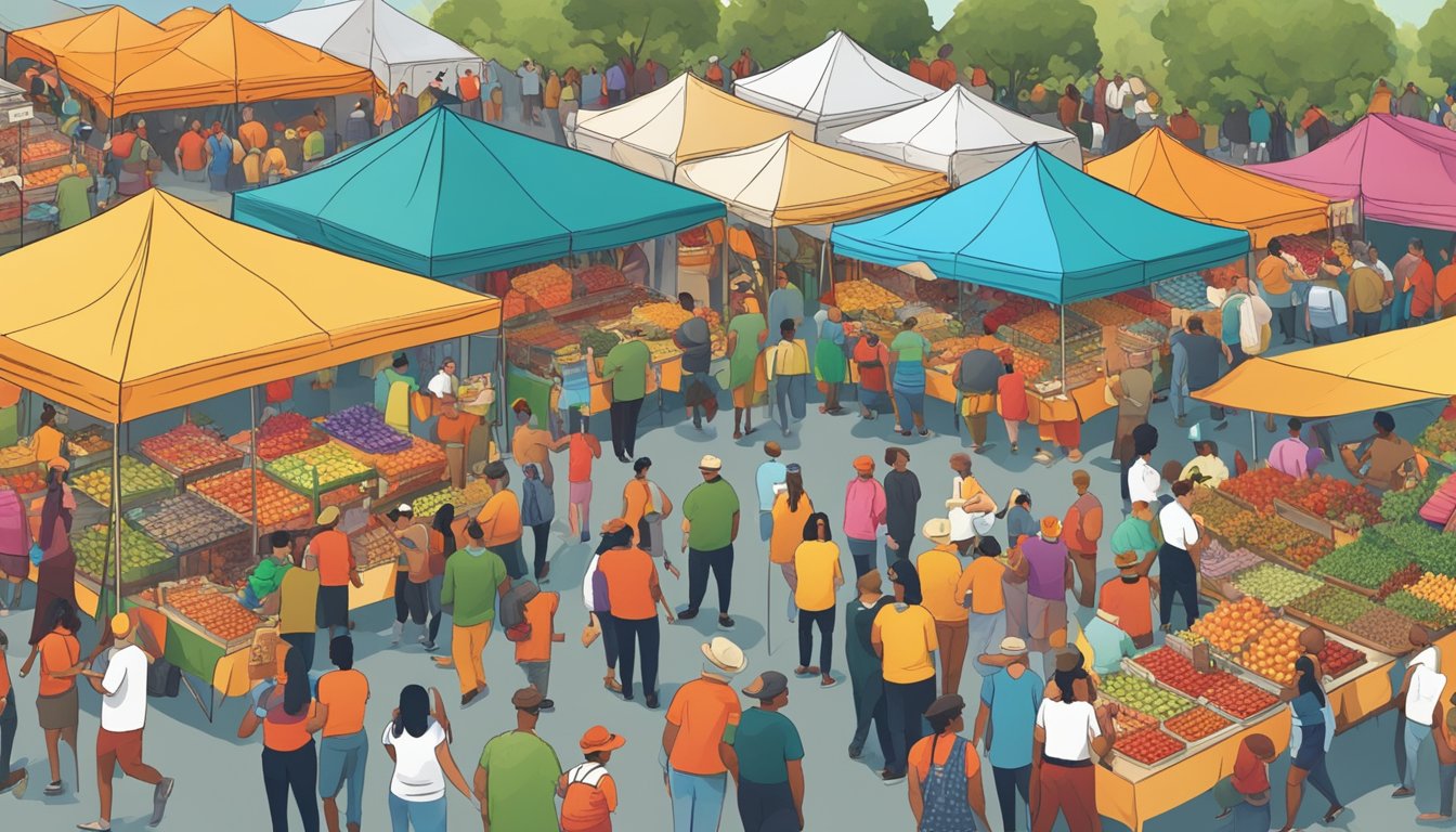 A bustling farmers market with people sampling and purchasing Bunsters hot sauce, surrounded by colorful tents and lively music