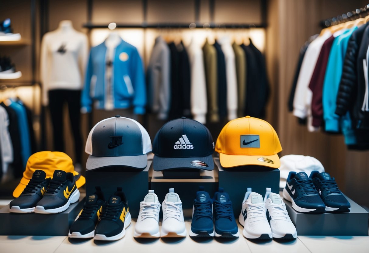 A group of athletic shoes, hats, and jackets arranged in a casual fashion display at a trendy clothing store