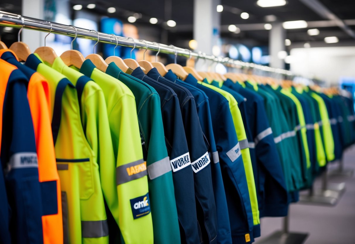 A row of durable workwear garments on display, featuring well-known quality brands