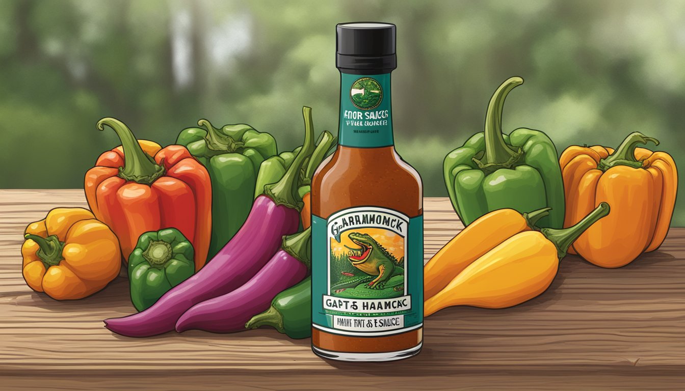 A bottle of Gator Hammock hot sauce sits atop a wooden table, surrounded by fresh peppers, garlic, and spices. The company's logo is prominently displayed on the label