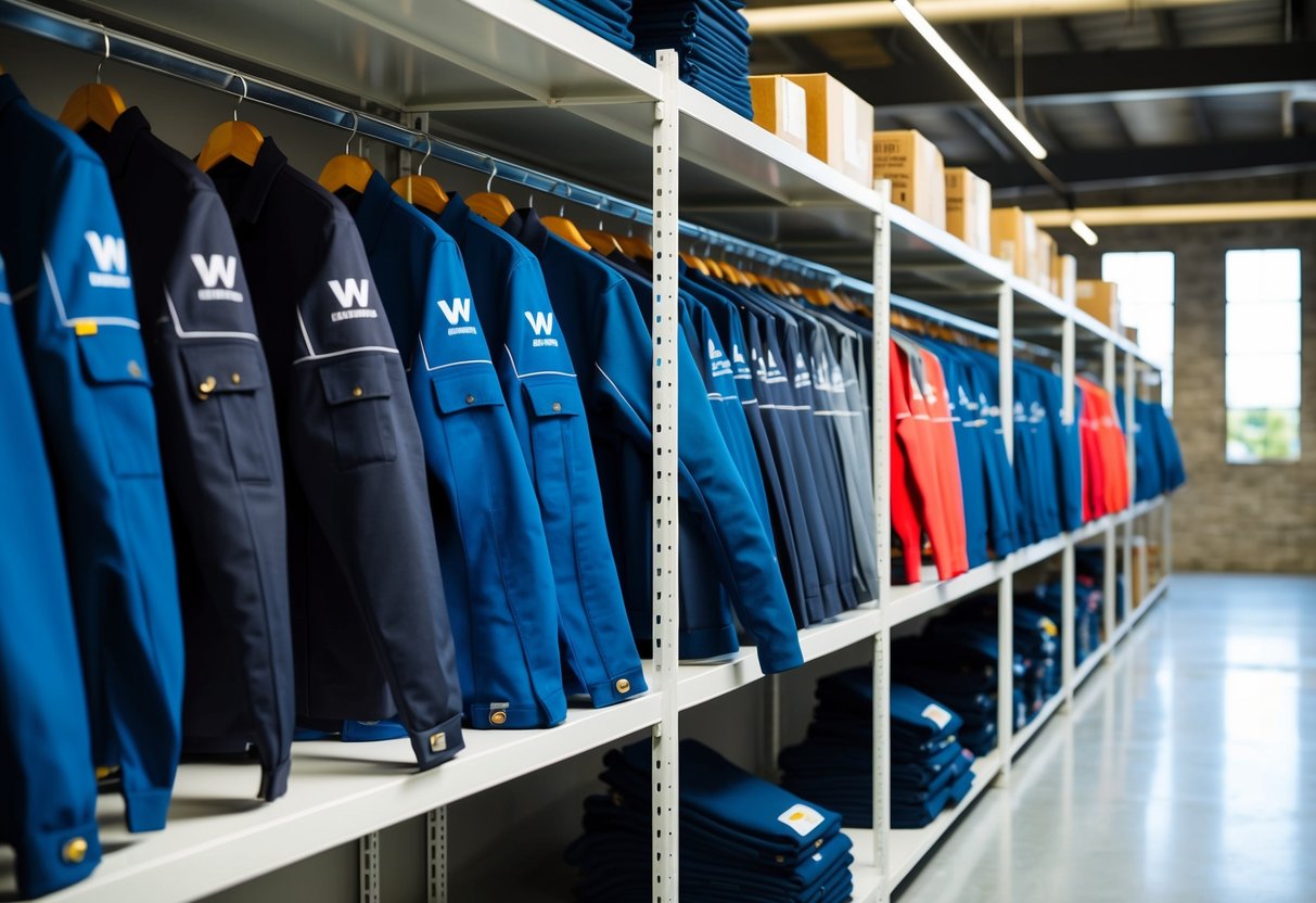 A row of durable workwear brands displayed on industrial shelves, with bright lighting and clean, organized presentation