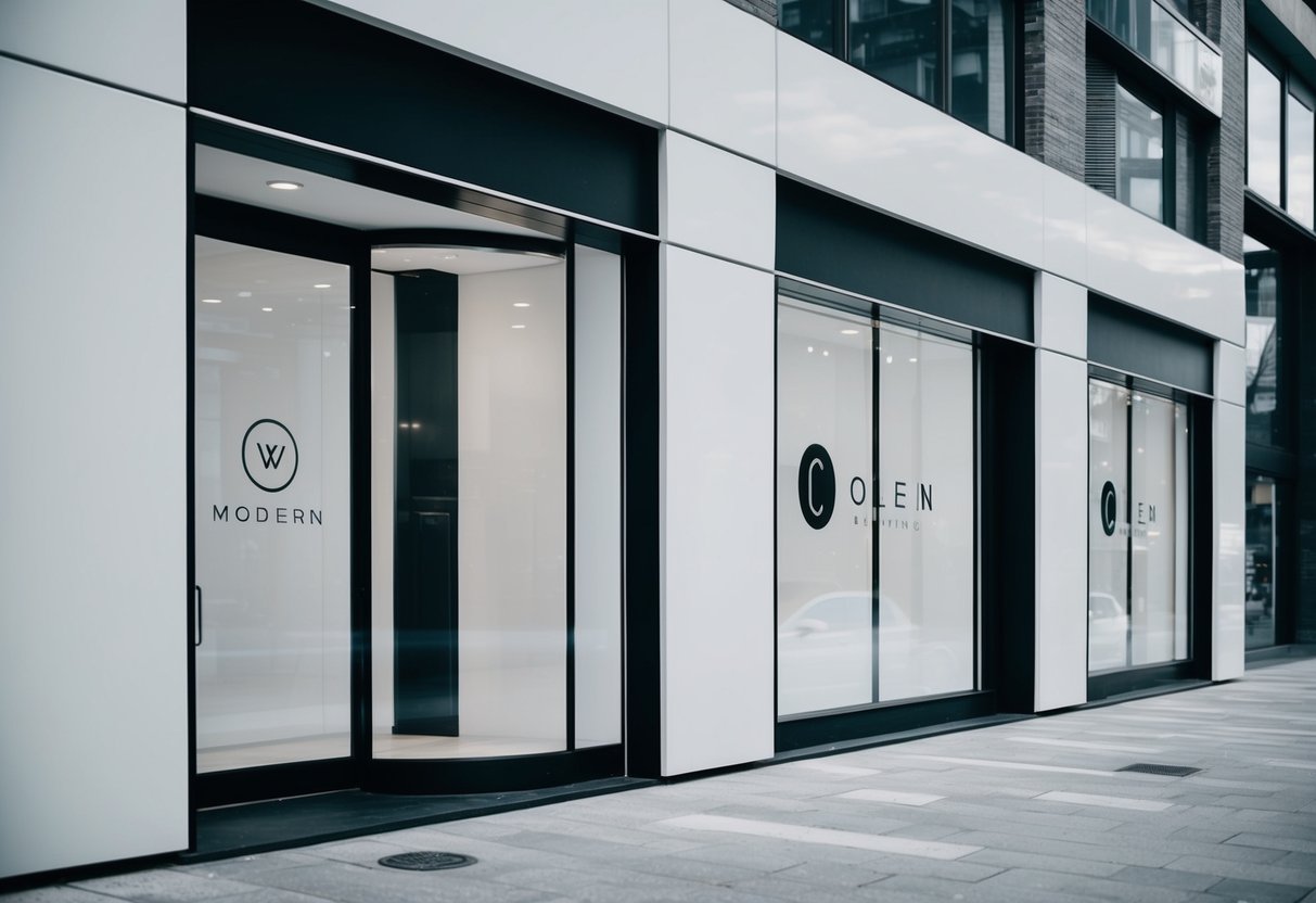 Clean, modern storefronts in a city setting, featuring sleek, monochromatic designs and simple, elegant logos